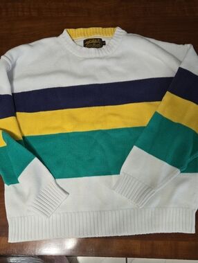 Vintage Eddie Bauer White Crewneck Sweater with Navy, Yellow & Green Stripes